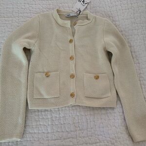 Zara Off-White Knit Cardigan with Gold Buttons